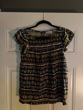 LOFT Black Floral Flutter Sleeve Blouse